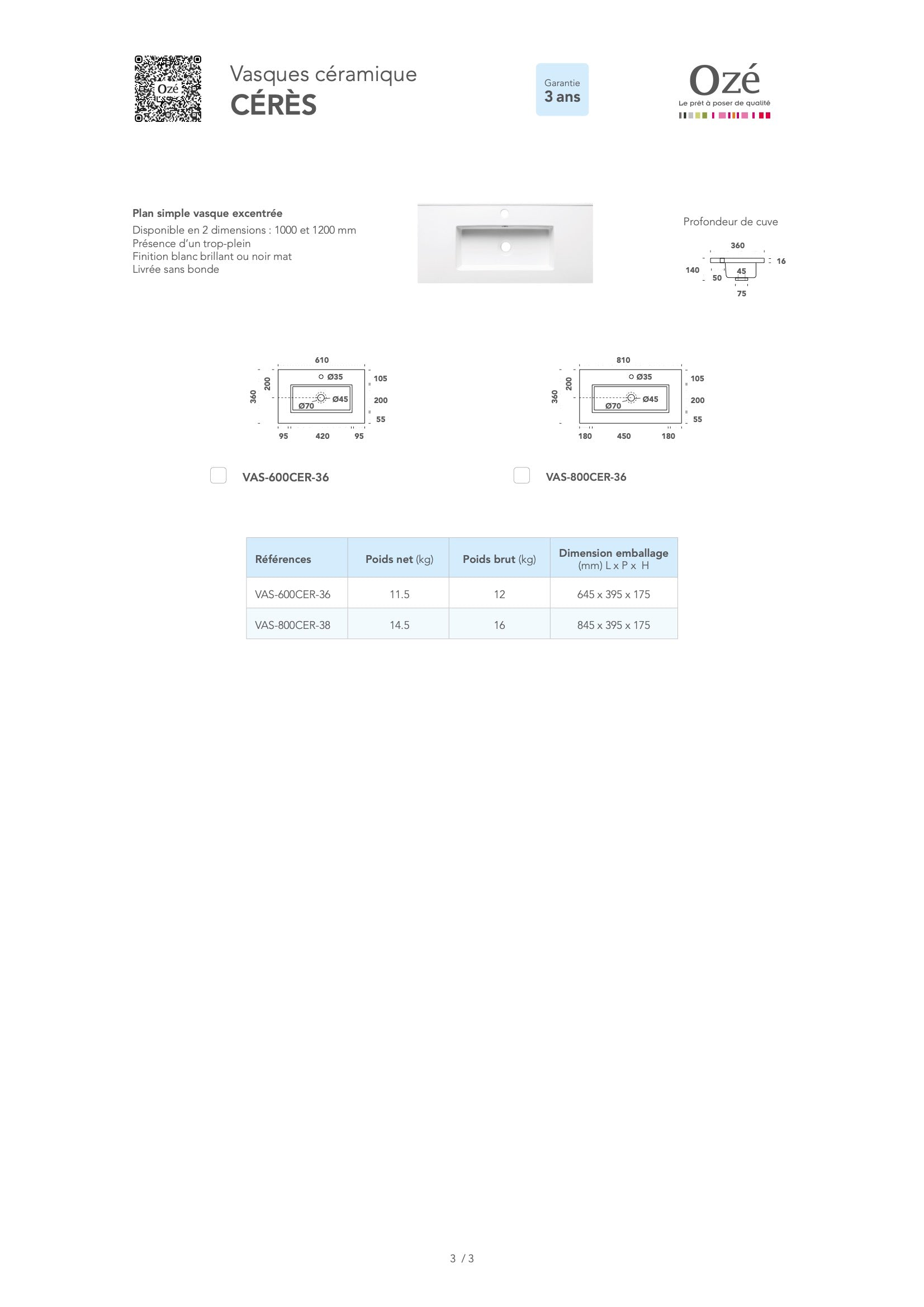 Vasque encastrée Cérès