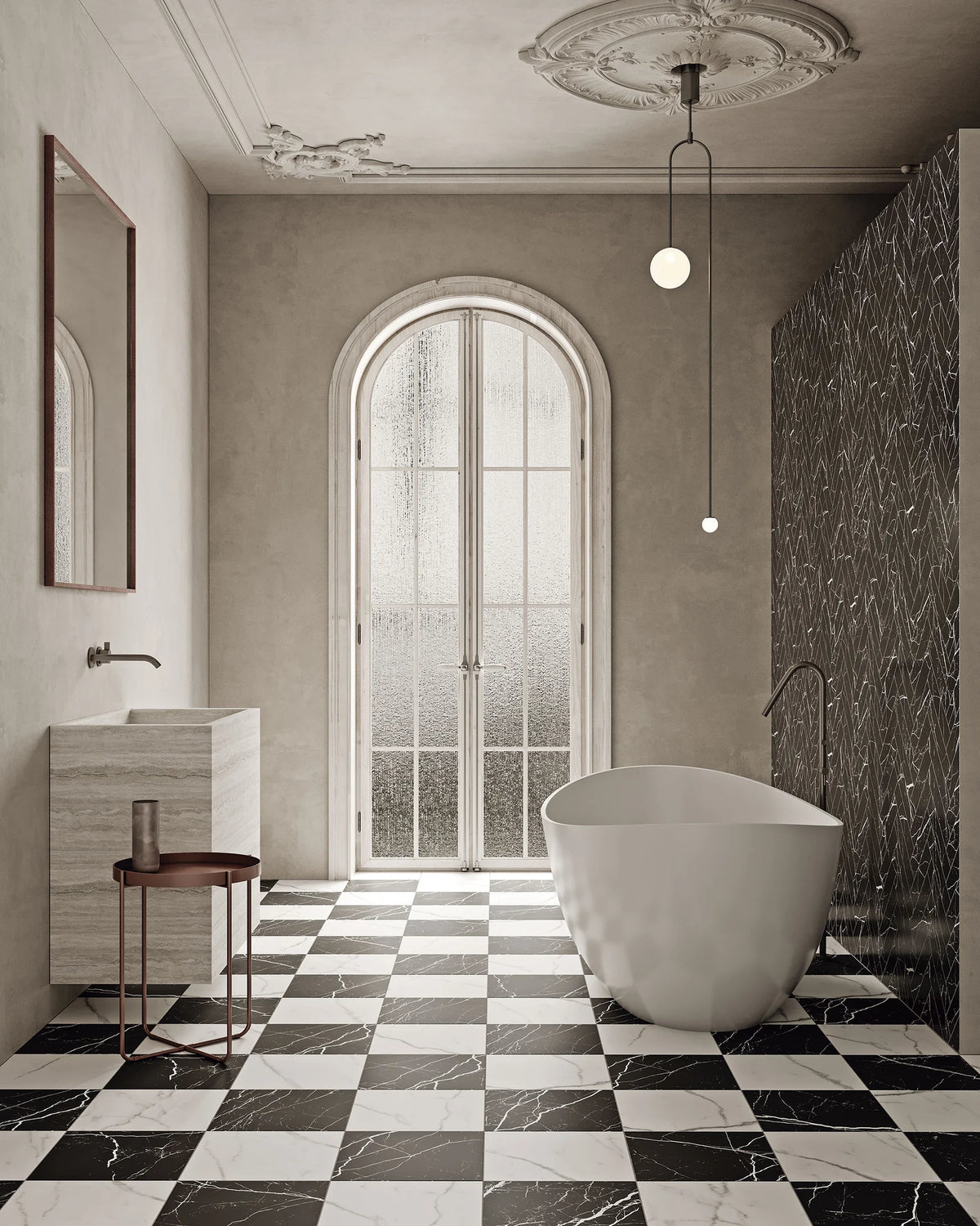 Carrelage Classic Marble Nero Marquina effet marbre associé à Carrara dans une salle de bain