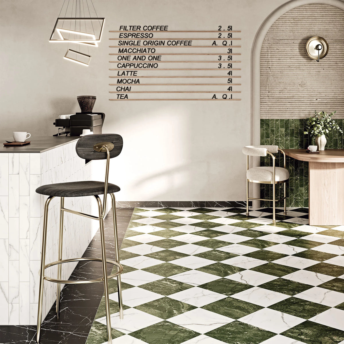 Carrelage Classic Marble Verde Alpi effet marbre associé à Nero Marquina et Carrara au sol